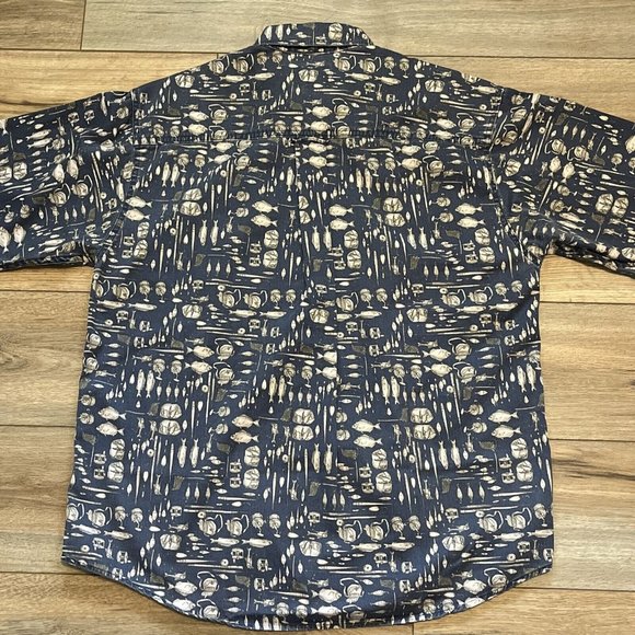 Woolrich Button Up Shirt LARGE Fisherman Tackle Fish All Over Print AOP USA Made - Picture 5 of 9